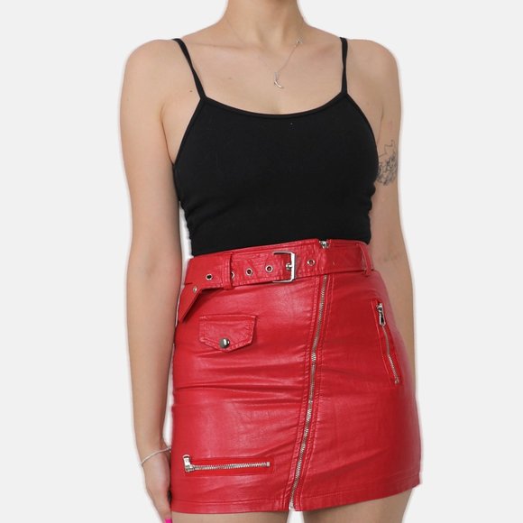 RED PVC VEGAN LEATHER MOTO BIKER JACKET SKIRT - Picture 3 of 3